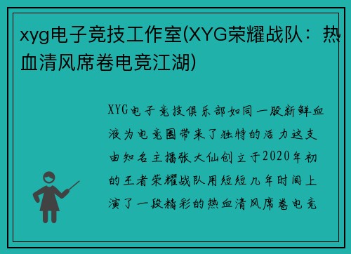xyg电子竞技工作室(XYG荣耀战队：热血清风席卷电竞江湖)